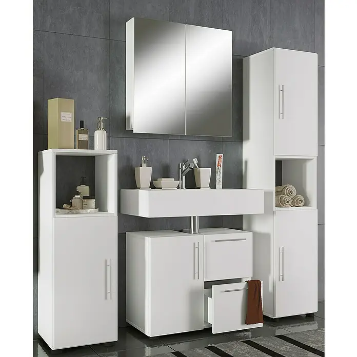 VCM Flandu Badmöbel-Set - Mit Spiegelschrank, Gesamtbreite Badmöbel: 123 cm, Weiß, Matt, 4 -tlg. - Dieses Bild zeigt ein Badezimmer-Set in Weiß, bestehend aus Waschbecken, Spiegel und Schränken für ein modernes Badezimmerdesign.