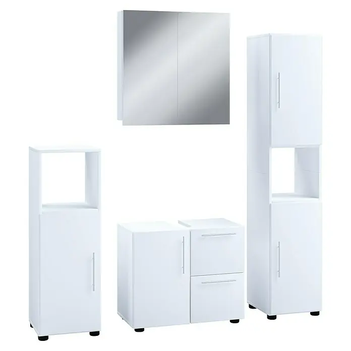 VCM Flandu Badmöbel-Set - Mit Spiegelschrank, Gesamtbreite Badmöbel: 123 cm, Weiß, Matt, 4 -tlg. - Das Bild zeigt ein Badezimmerset in Weiß, bestehend aus Spiegelschrank, Hochschrank, Waschtischunterschrank und einem weiteren Schrank.