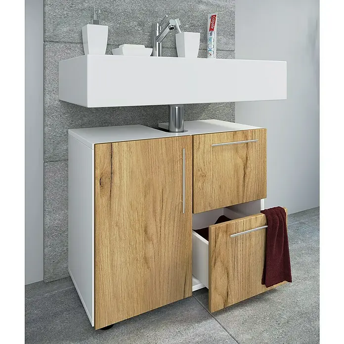 VCM Flandu Waschtischunterschrank - B x T x H: 61 x 32 x 51 cm, Weiß/Honig-Eiche, Matt - Stilvoller Waschtischunterschrank mit Holzfronten und modernem Waschbecken für ein elegantes Badezimmerambiente.