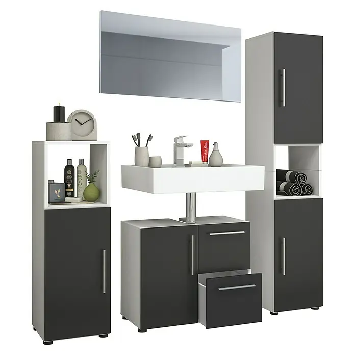 VCM Flandu Badmöbel-Set - Mit Spiegel, Gesamtbreite Badmöbel: 123 cm, Matt, 4 -tlg., Weiß/Schwarz - Modernes Badezimmerset mit Waschtisch, Spiegel und Stauraum in Grau und Weiß für ein stilvolles Ambiente.