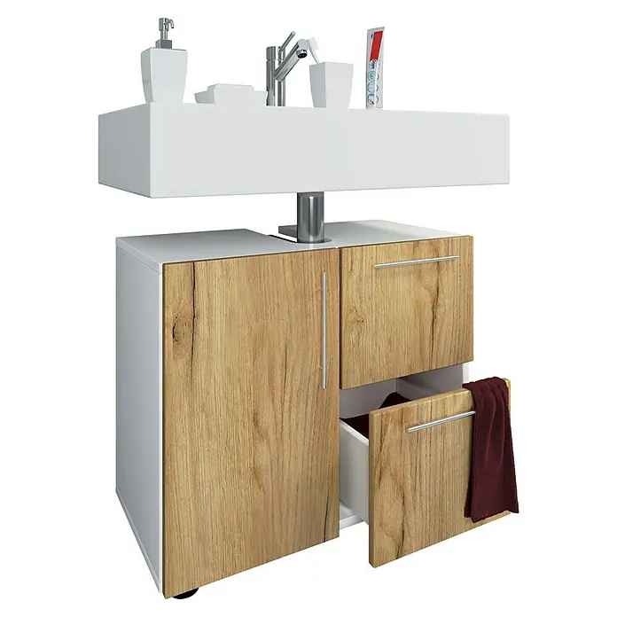 VCM Flandu Waschtischunterschrank - B x T x H: 61 x 32 x 51 cm, Weiß/Honig-Eiche, Matt - Moderner Waschtisch mit Holzfronten, weißen Elementen und offenem Fach mit Handtuch. Elegantes Design für das Badezimmer.