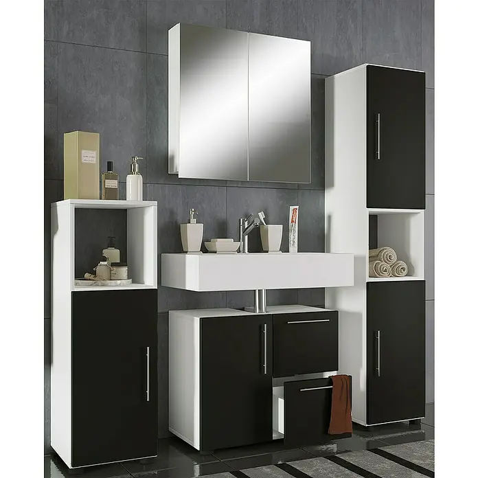 VCM Flandu Badmöbel-Set - Mit Spiegelschrank, Gesamtbreite Badmöbel: 123 cm, Weiß/Schwarz, Matt, 4 -tlg. - Badezimmermöbel-Set mit Waschtisch, Spiegelschrank und Hochschränken in Schwarz und Weiß für ein modernes Badezimmer.