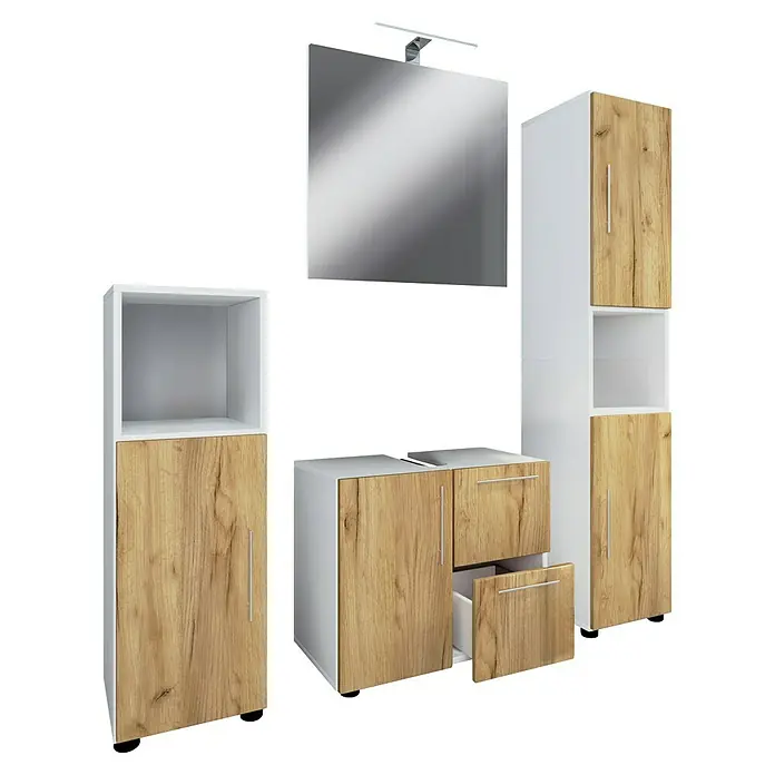 VCM Flandu Badmöbel-Set - Mit Spiegel, Gesamtbreite Badmöbel: 123 cm, Matt, 4 -tlg., Weiß/Honig-Eiche - Ein Badezimmerset mit weißen und holzfarbenen Elementen, bestehend aus Schränken und einem Spiegel mit Beleuchtung.