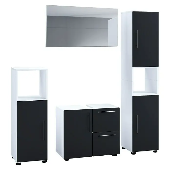 VCM Flandu Badmöbel-Set - Mit Spiegel, Gesamtbreite Badmöbel: 123 cm, Matt, 4 -tlg., Weiß/Schwarz - Schwarze und weiße Badezimmermöbel, bestehend aus Spiegel, Hochschrank, Unterschrank und einem offenen Regal.
