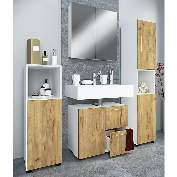 VCM Flandu Badmöbel-Set - Mit Spiegelschrank, Gesamtbreite Badmöbel: 123 cm, Weiß/Honig-Eiche, Matt, 4 -tlg. - Badezimmer-Möbelset mit Waschbecken, Spiegelschrank und Stauraumelementen in Weiß und Holzoptik für ein modernes Ambiente.