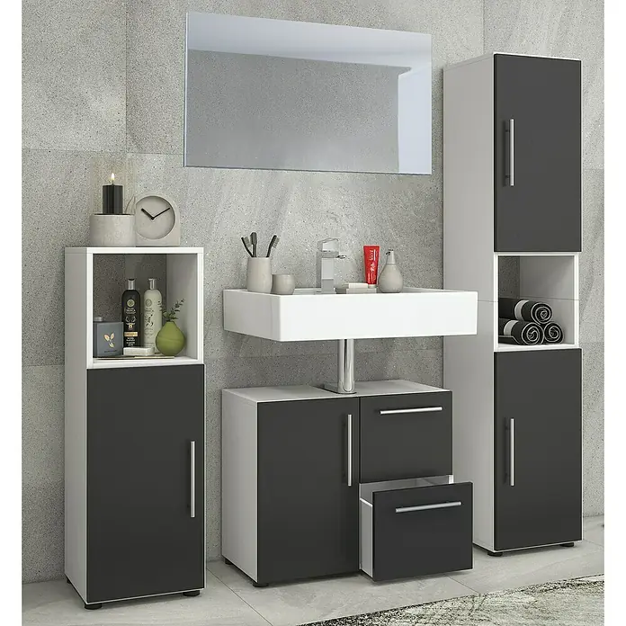 VCM Flandu Badmöbel-Set - Mit Spiegel, Gesamtbreite Badmöbel: 123 cm, Matt, 4 -tlg., Weiß/Schwarz - Modernes Badezimmer-Set in Weiß und Anthrazit mit Waschtisch, Spiegel und Stauraumlösungen für ein stilvolles Ambiente.