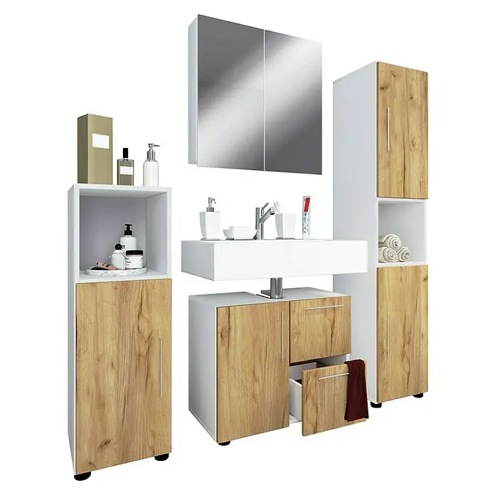 VCM Flandu Badmöbel-Set - Mit Spiegelschrank, Gesamtbreite Badmöbel: 123 cm, Weiß/Honig-Eiche, Matt, 4 -tlg. - Modernes Badezimmer-Waschbeckenmöbel-Set mit weißen und holzfarbenen Elementen und einem großen Spiegel.