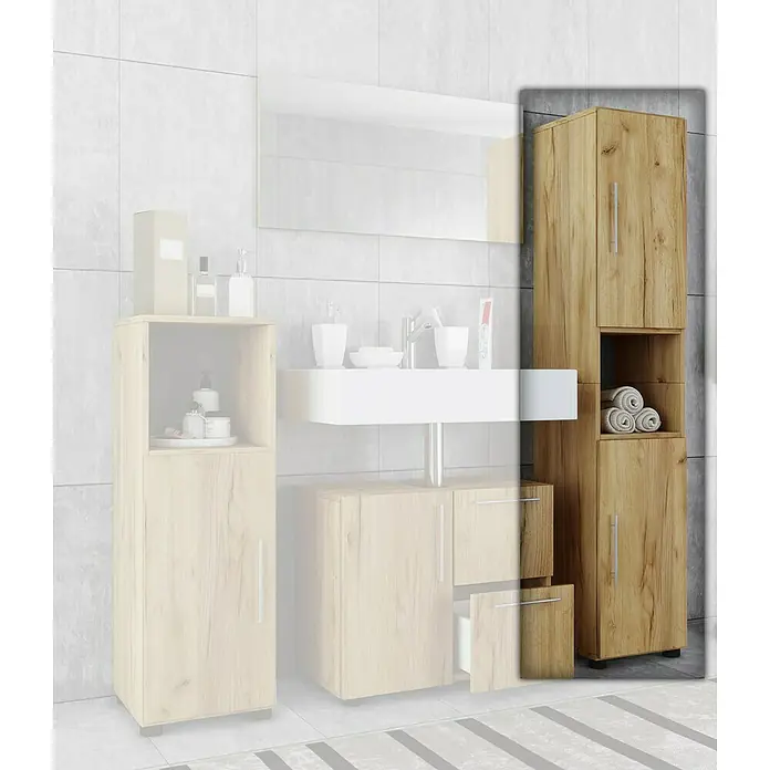 VCM Flandu Hochschrank - B x T x H: 31 x 30 x 160 cm, Honig-Eiche, Matt - Modernes Badezimmer mit hellem Holzschrank zur Aufbewahrung von Handtüchern und Badutensilien. Praktisch und stilvoll.