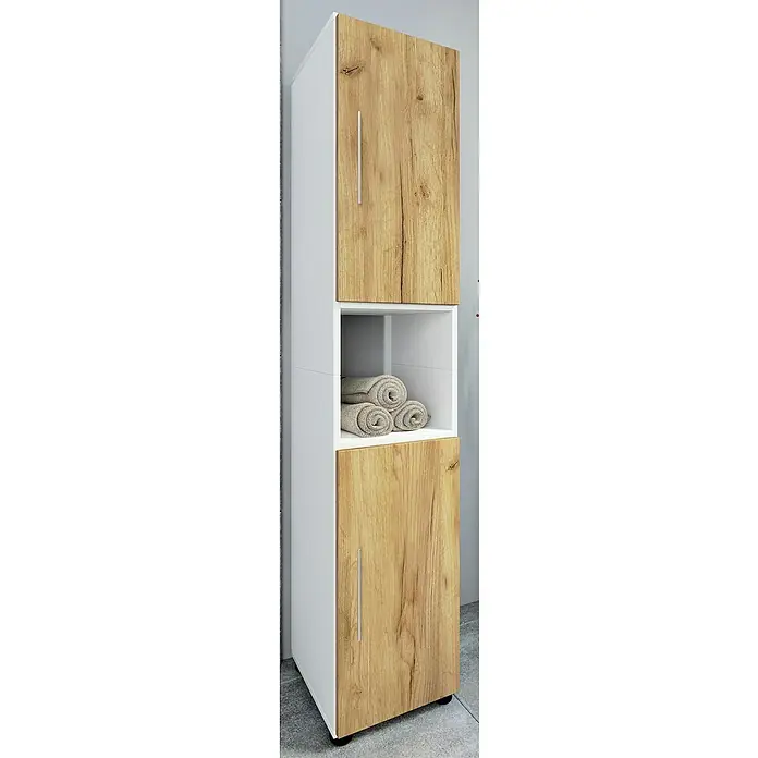 VCM Flandu Hochschrank - B x T x H: 31 x 30 x 160 cm, Weiß/Honig-Eiche, Matt - Ein moderner Hochschrank in Weiß und Holzoptik mit zwei Türen und offenem Fach für Handtücher bietet stilvollen Stauraum.