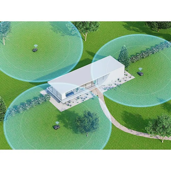 Mova Mähroboter 600 Plus - 600 m², Schnittbreite: 20 cm, Laser-gestützte Navigation, LiDAR - Das Bild zeigt ein modernes Haus mit mehreren Mährobotern, die das umliegende Gras mit präziser Navigation autonom mähen.