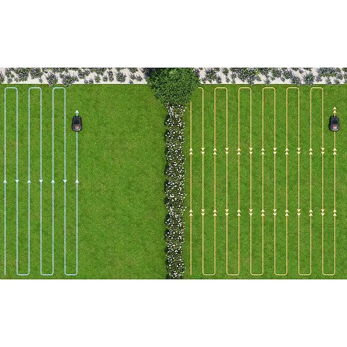 Mova Mähroboter 600 Plus - 600 m², Schnittbreite: 20 cm, Laser-gestützte Navigation, LiDAR - Zwei Rasenmäherroboter auf einem Rasen, die unterschiedliche Mähwege mit blauen und gelben Linien zeigen.