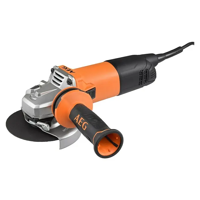AEG Elektro-Winkelschleifer WS 12-125 S - 1.200 W, Durchmesser Scheibe: 125 mm - Orange-silberner Winkelschleifer mit schwarzen Akzenten, schwarzer Trennscheibe und ergonomischem Seitenhandgriff.
