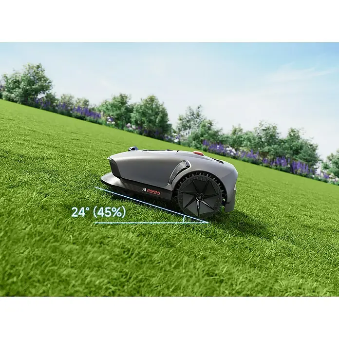 Mova Mähroboter 600 Plus - 600 m², Schnittbreite: 20 cm, Laser-gestützte Navigation, LiDAR - Ein Rasenmähroboter auf einem grünen Hügel mit einer Steigung von 24 Grad. Perfekt für unebenes Gelände!