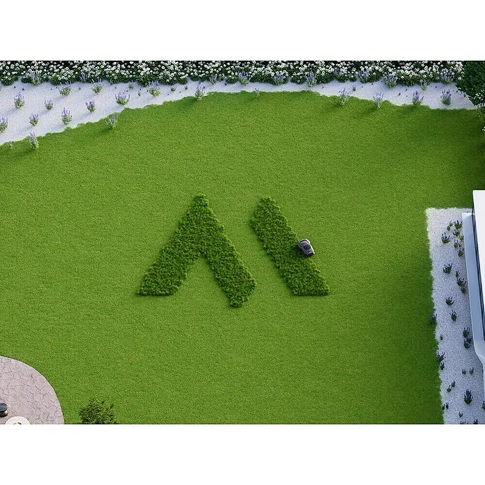 Mova Mähroboter 600 Plus - 600 m², Schnittbreite: 20 cm, Laser-gestützte Navigation, LiDAR - Ein Rasenmähroboter navigiert geschickt um ein großes "AI"-Design im grünen Rasen, umgeben von Blumenbeeten.