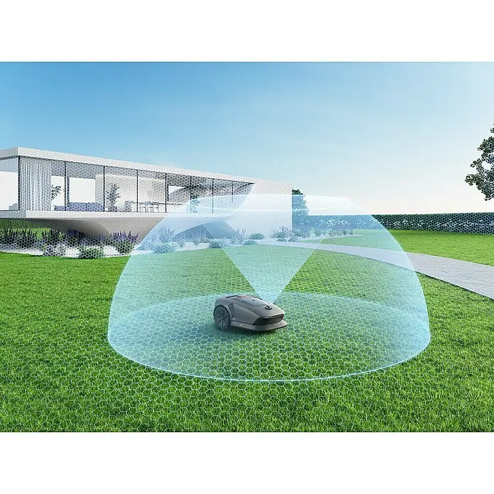 Mova Mähroboter 600 Plus - 600 m², Schnittbreite: 20 cm, Laser-gestützte Navigation, LiDAR - Intelligenter Mähroboter auf einem grünen Rasen mit einem modernen Haus im Hintergrund, der durch eine blaue Schutzschicht geschützt ist.