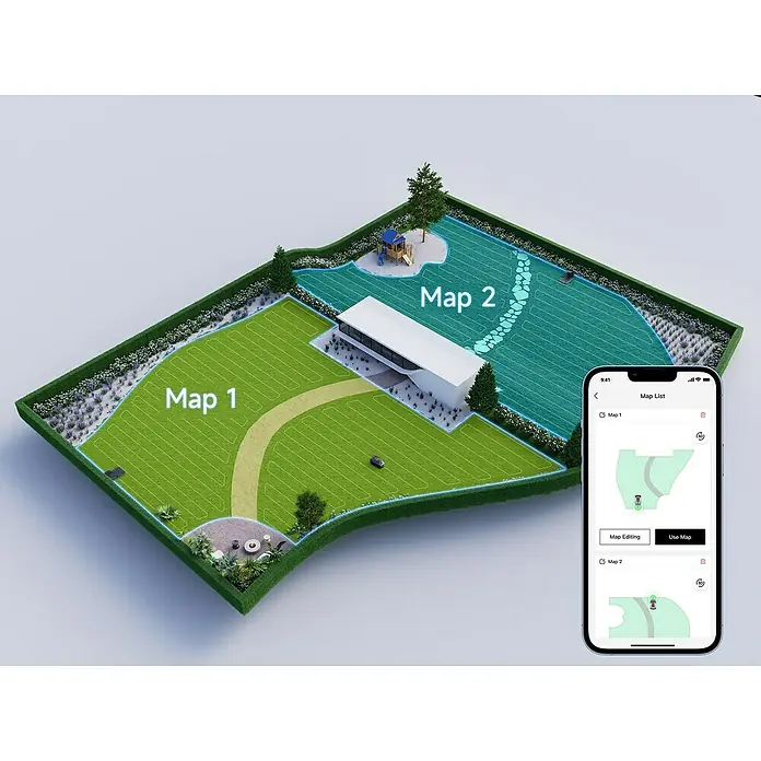 Mova Mähroboter 600 Plus - 600 m², Schnittbreite: 20 cm, Laser-gestützte Navigation, LiDAR - Das Bild zeigt eine Gartenkarte mit zwei verschiedenen Bereichen, die in einer App auf einem Smartphone angezeigt werden.
