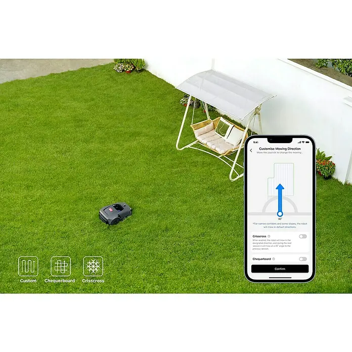 Mova Mähroboter 600 Plus - 600 m², Schnittbreite: 20 cm, Laser-gestützte Navigation, LiDAR - Bild eines Rasenmähroboters auf einer Wiese mit der zugehörigen Smartphone-App zur Steuerung des Roboters.