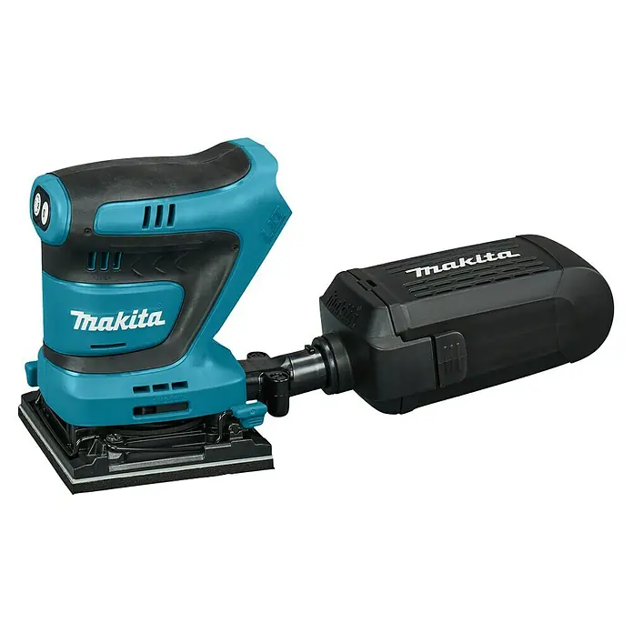 Makita LXT 18V Akku-Schwingschleifer DBO480Z - 18 V, Ohne Akku - Eine Makita-Schwingschleifmaschine mit Staubabsaugung, ideal für feine Schleifarbeiten, wird präsentiert.