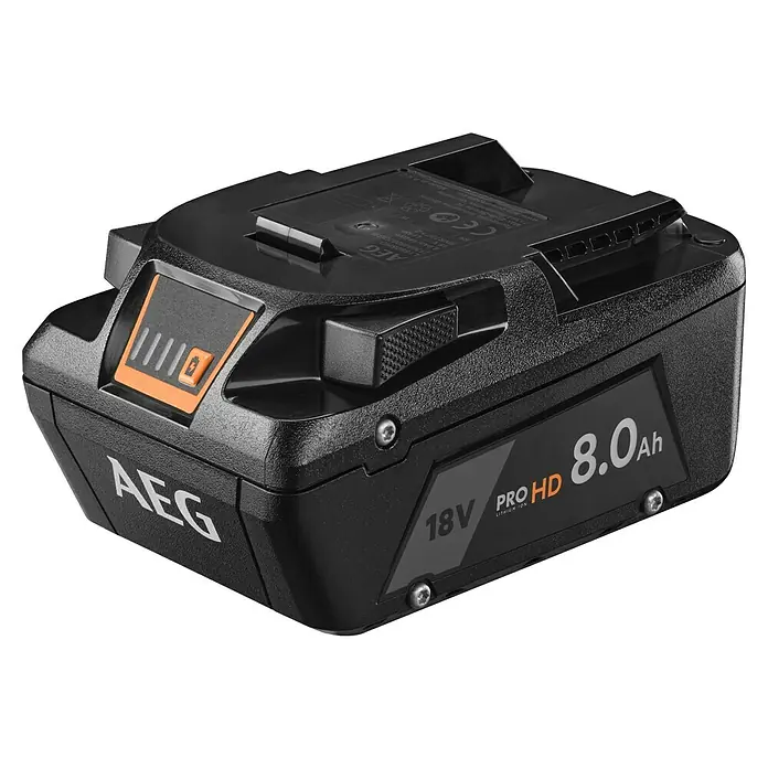 AEG Pro 18V Akku L1880SHD - 18 V, 8 Ah, Li-Ionen - Schwarzer, texturierter AEG 18V 8.0Ah PRO HD Lithium-Ionen-Akku mit orangefarbenen Akzenten und Ladeanzeige.