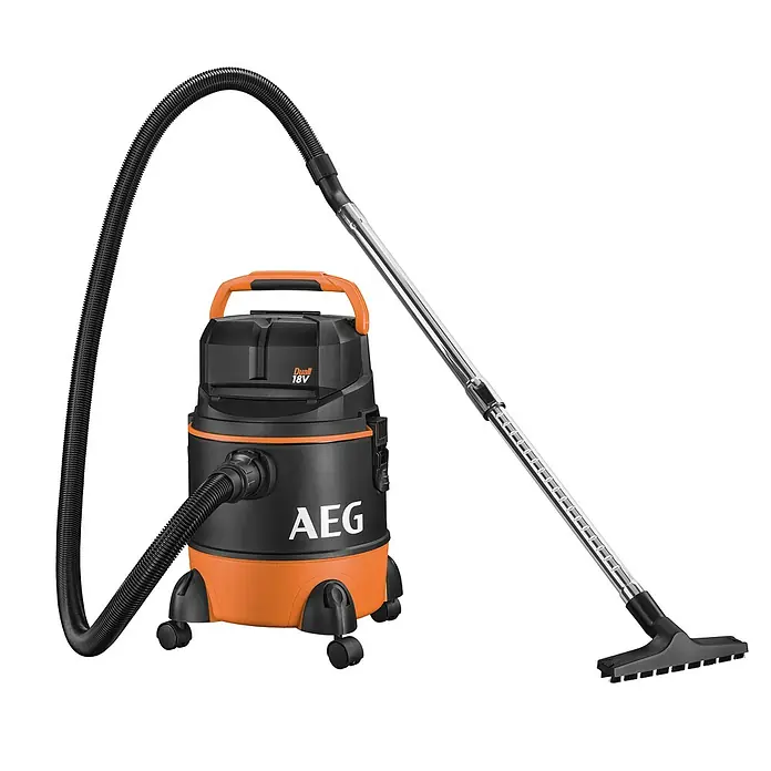 AEG Pro 18V Akku-Nass-Trockensauger BWD 18 - 18 V, Ohne Akku, Behältervolumen: 20 l - Orange-schwarzer AEG Nass-Trockensauger mit flexiblem Schlauch, verchromtem Teleskoprohr und Bodendüse, für vielseitige Reinigung.