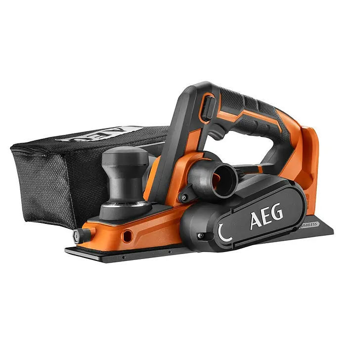 AEG Akku-Hobel BHO18BL-0 - 18 V, Ohne Akku, Hobeltiefe: 0 mm - 2 mm, Leerlaufdrehzahl: 14.300 U/min - Orange-schwarzer bürstenloser Elektrohobel mit schwarzem Staubfangsack.