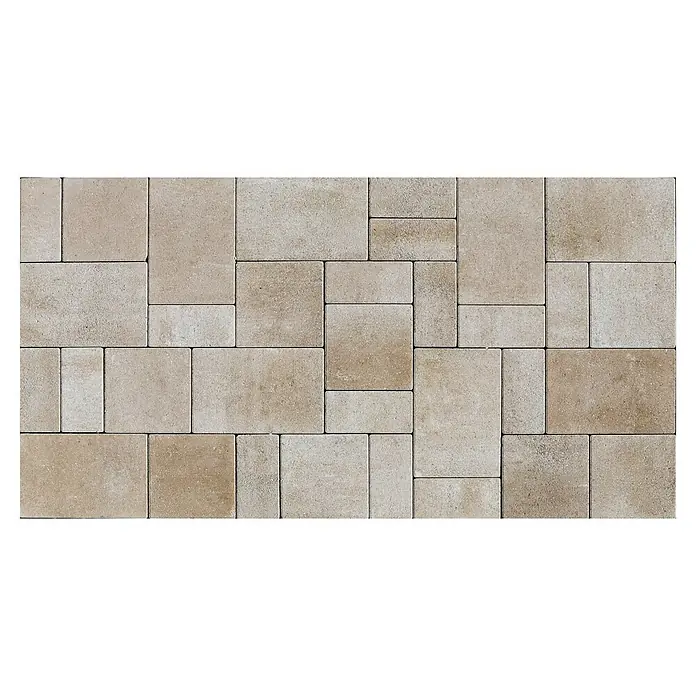 EHL Pflasterstein Fortaleza - Beige, Gesamtstückzahl: 27 Stk., Rechteckig - Beige, texturierte Pflastersteine in einem unregelmäßigen Muster aus Rechtecken und Quadraten angeordnet.