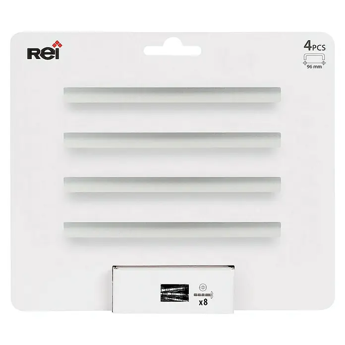 Rei Tirador para muebles 2279 - Distancia entre orificios: 96 mm, Plateado, Mate, 4 ud. - Un paquete de 4 tiradores para cajones Rei con tornillos. Los tiradores miden 96 mm de ancho y vienen con 8 tornillos.