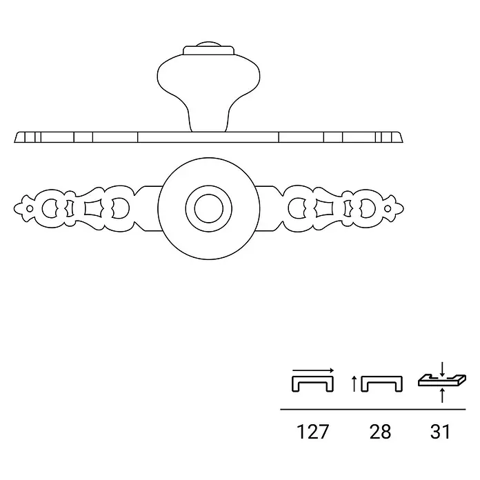 Rei Möbelknopf - Durchmesser: 31 mm, Porzellan, Antikes Messing - Skizze eines Möbelknopfs mit verzierten Details und Maßangaben für Design oder Bau.