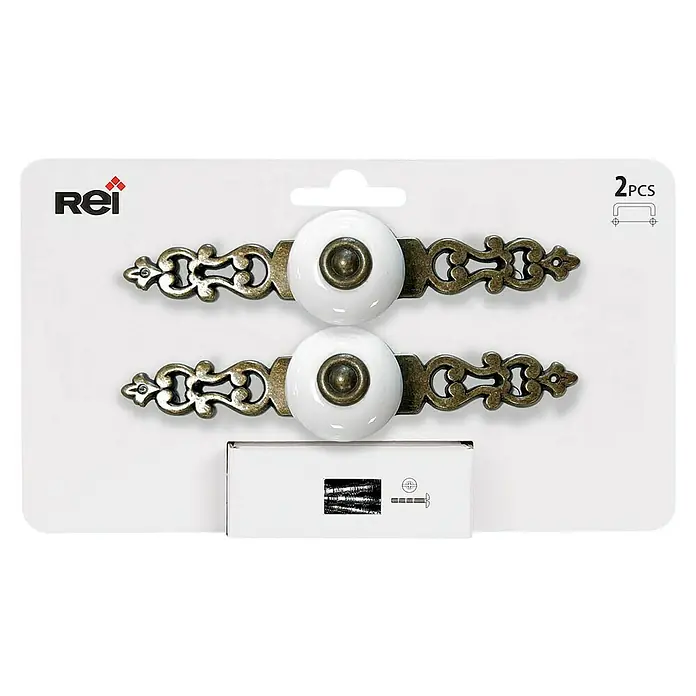 Rei Tirador para muebles 844 - Distancia entre orificios: 28 mm, Blanco/Cuero viejo, 2 ud. - Dos pomos de porcelana blanca con soportes ornamentados de color bronce para muebles. Diseño elegante para cajones y armarios.