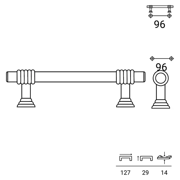 Rei Tirador para muebles - Distancia entre orificios: 96 mm, Cuero viejo, 4 ud. - Ilustración de un tirador de mueble, que muestra su longitud de 127 mm, altura de 29 mm y espaciado de agujeros de 96 mm. Dibujos detallados y medidas para herrajes de muebles.