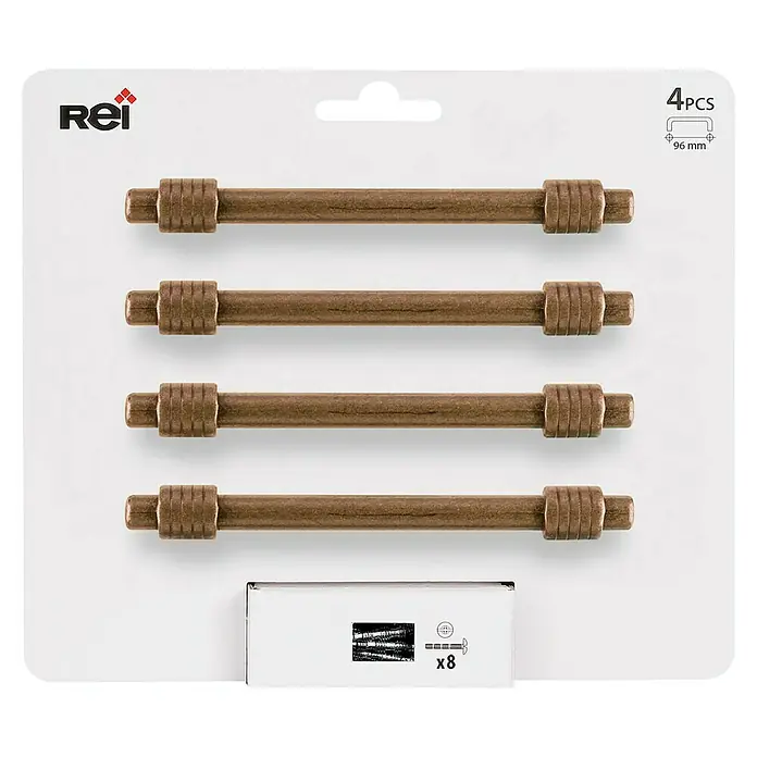 Rei Tirador para muebles - Distancia entre orificios: 96 mm, Cuero viejo, 4 ud. - Imagen de cuatro tiradores de armario dorados REI con extremos acanalados y tornillos para la instalación.