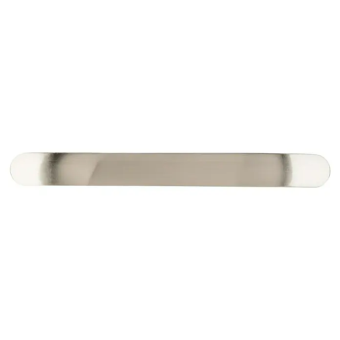 Rei Möbelgriff - Lochabstand: 160 mm, Aluminium, Nickel, Klassisch - Nahaufnahme eines rechteckigen, abgerundeten, silbernen Metallstücks mit weißen Enden und einem hellgrauen Mittelteil.