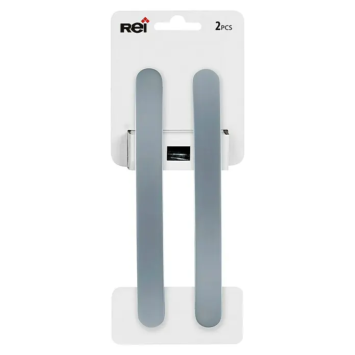 Rei Tirador para muebles 537 - Distancia entre orificios: 160 mm, Níquel, Satinado, 2 ud. - Imagen de un paquete con dos manijas universales delgadas, redondeadas y de color gris plateado para un fácil montaje en diversas superficies.