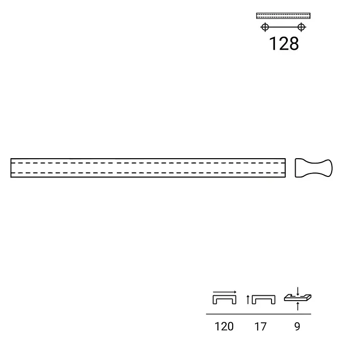 Rei Möbelgriff - Lochabstand: 96 mm, Aluminium, Chrom, L x B x H: 150 x 9 x 17 mm - Technische Zeichnung eines Möbelgriffs mit Maßangaben, die die Abmessungen und Befestigungsdetails des Griffs zeigen.