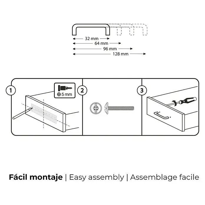 Rei Tirador para muebles 537 - Distancia entre orificios: 160 mm, Níquel, Satinado, 2 ud. - Instrucciones de montaje para un tirador de armario: marque, taladre (5 mm) y fije con tornillos.