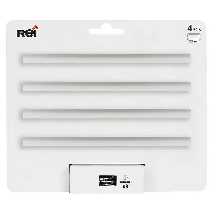 Rei Tirador para muebles 2279 - Distancia entre orificios: 128 mm, Anodizado, Mate, 4 ud. - Un paquete de productos Rei que contiene 4 piezas, cada una de 128mm de largo, junto con una caja que contiene 8 productos adicionales. Práctico para el uso diario.