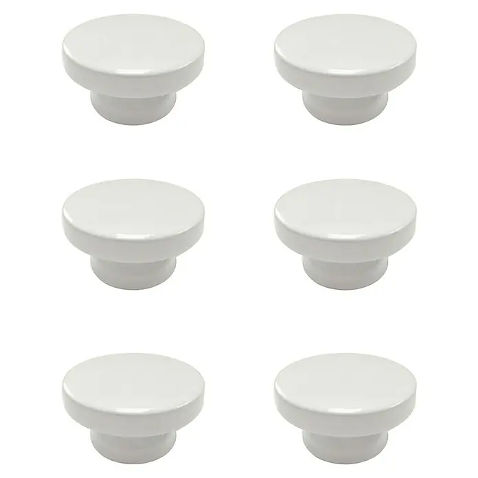 Rei Pomo para muebles Haya - Diámetro: 38 mm, Blanco, 6 ud. - Primer plano de seis pomos de porcelana blanca dispuestos en parejas en tres filas, perfectos para muebles o cajones.