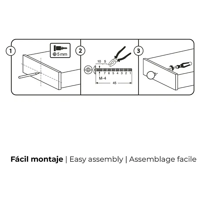 Rei Pomo para muebles Haya - Diámetro: 38 mm, Blanco, 6 ud. - Instrucciones de montaje de muebles: Taladrar previamente con una broca de 5 mm, acortar el tornillo con unos alicates (M-4, 45 mm), montar el tirador con un destornillador.
