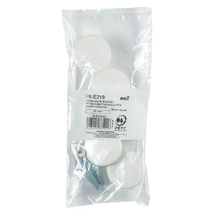 Rei Pomo para muebles Haya - Diámetro: 38 mm, Blanco, 6 ud. - Imagen de un paquete de cuatro tiradores redondos de madera, tornillos y arandela. Ideal para muebles.