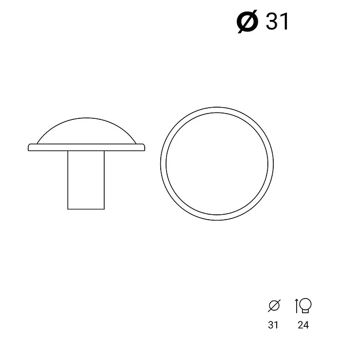 Rei Möbelknopf - Durchmesser: 31 mm, Antikes Messing - Schematische Darstellung eines runden Möbelknopfs mit den Maßen Ø31 mm, ideal für Möbelprojekte.