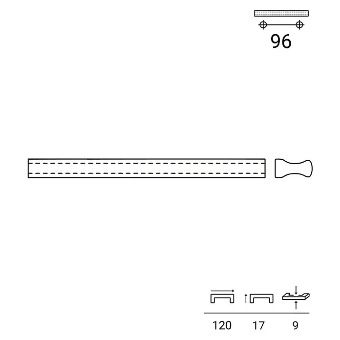 Rei Möbelgriff - Lochabstand: 160 mm, Aluminium, Chrom, L x B x H: 120 x 9 x 17 mm - Abbildung eines Möbelgriffs mit den zugehörigen Maßen 96, 120, 17 und 9 zur detaillierten Produktinformation.