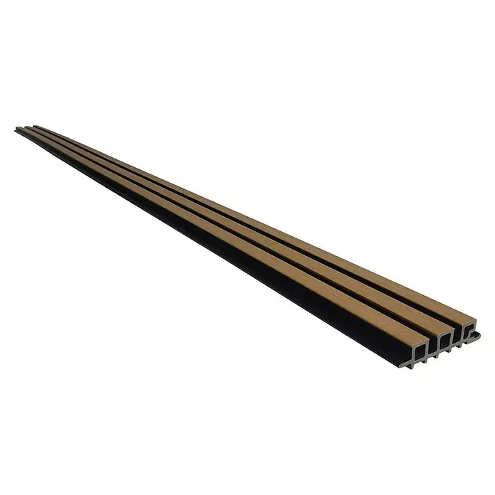 Dioco Revestimiento decorativo alistonado Minus - 220 x 12 cm, Teca - Primer plano de tres paneles acústicos con aspecto de madera, que combinan diseño moderno y funcionalidad. Ideal para decoración de paredes.