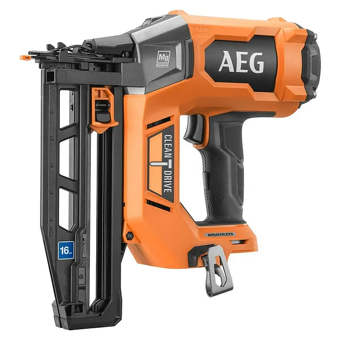 AEG Pro 18V Akku-Nagler B18BN16-0 - 18 V, Ohne Akku, Länge Nagel: 25 mm - 65 mm - Orange-schwarzer AEG 16-Gauge-Finishnagler mit Magnesiumkonstruktion und bürstenlosem Motor.