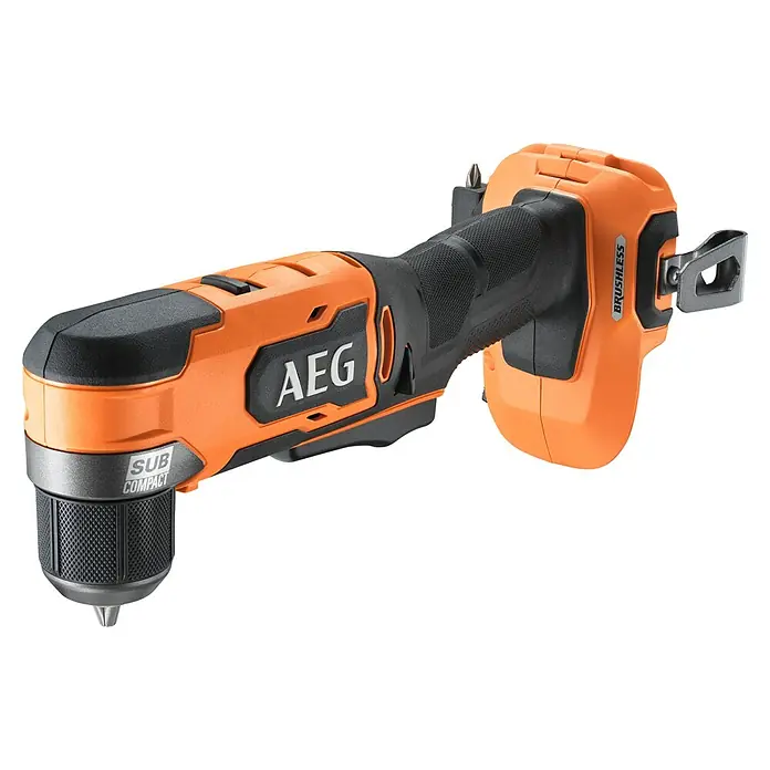 AEG Pro 18V Akku-Winkelbohrschrauber BS 18SRABL - Ohne Akku, 42,4 Nm - Orange-schwarzer AEG Akku-Bohrschrauber mit strukturierter Grifffläche, „SUB COMPACT“- und „BRUSHLESS“-Aufschriften, und einem Bit im Bohrfutter.