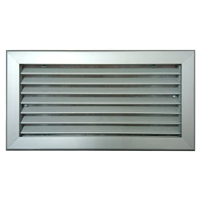 ZimaKlima Rejilla de ventilación lama móvil - 40 x 20 cm, Gris - La imagen muestra una rejilla de ventilación rectangular de color plateado con múltiples listones horizontales y un marco resistente.