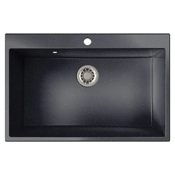 Atron Fregadero encastrable Atlas - 51,6 x 78,6 cm, Negro tebas, Brillante - Vista detallada de un fregadero de cocina negro con patrón moteado y desagüe central redondo, ideal para cocinas modernas.