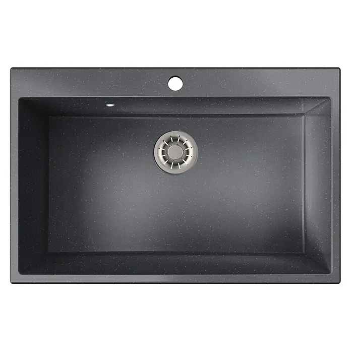 Atron Fregadero encastrable Atlas - 51,6 x 78,6 cm, Negro tebas, Mate - Una toma detallada de un fregadero de cocina moderno y oscuro con un acabado moteado y un desagüe de color plateado.