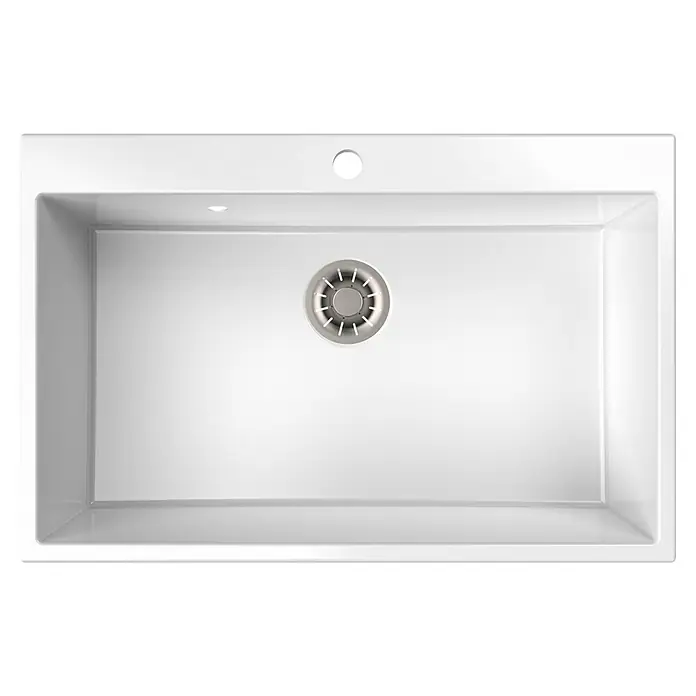 Atron Fregadero encastrable Atlas - 51,6 x 78,6 cm, Blanco, Mate - Primer plano de un fregadero blanco individual con un desagüe plateado en el centro.