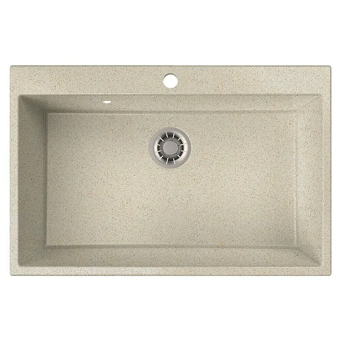 Atron Fregadero encastrable Atlas - 51,6 x 78,6 cm, Crema minerva, Mate - Fregadero de cocina beige con desagüe redondo y rebosadero. El fregadero está hecho de material de piedra beige.