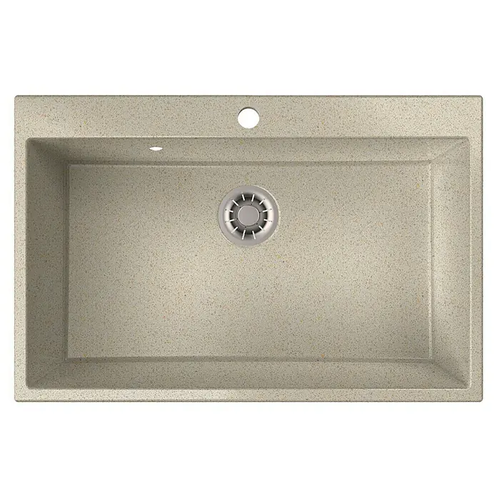 Atron Fregadero encastrable Atlas - 51,6 x 78,6 cm, Crema minerva, Brillante - Primer plano de un fregadero de material compuesto de cuarzo beige con desagüe central y orificio para el grifo.